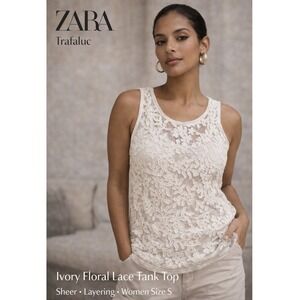 ZARA Trafaluc Lace Top Women Sz S Ivory Floral Sleeveless Sheer Layering Blouse